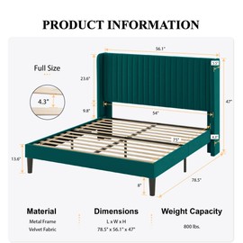 SHA CERLIN Full Size Velvet Bed Frame with Vertical Channel Tufted Wingback Headboard, Upholstered Platform Bed with Wood Slats, No Box Spring Needed, Easy Assembly, Teal