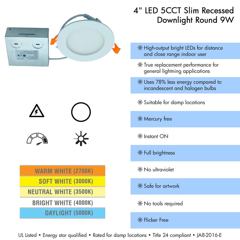 AH Lighting 4 Inch Dimmable LED 5CCT Slim Recessed Downlight