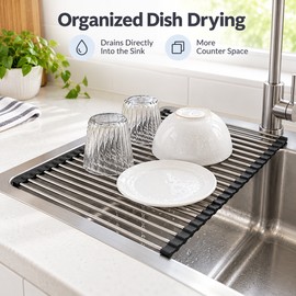 Stainless Steel Dish Drying Rack with Drainage Spout, Kitchen Countertop Dish Drainer and Organizer, Black, 3 Size Options