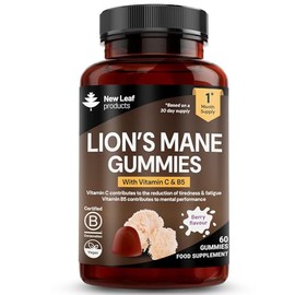 Lion’s Mane Mushroom Gummies High Strength - 2500mg with Vitamin C & B5 - Berry Flavour - 60 Vegan Lions Mane Gummies, 1 Month Supply, Made in UK by New Leaf