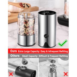 Rechargeable Electric Salt and Pepper Grinder Set - Extra Large Capacity - Automatic Black Peppercorn & Sea Salt Spice Mill Set with Adjustable Coarseness & LED Light Refillable