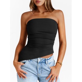 Trendy Queen Womens Summer Going Out Tube Tops Strapless Asymmetrical Bandeau Backless Corset Cute Teen Girls Y2k Shirts Black S