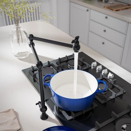 WOWOW Pot Filler Faucet Deck Mount Stove Faucet, Solid Brass Pot Filler Matte Black Kitchen Folding Faucet with Stretchable Double Joint Swing Arm (Victorian Style, Matte Black)