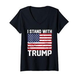 Womens I Stand With Trump 2024 Vintage US Flag V-Neck T-Shirt