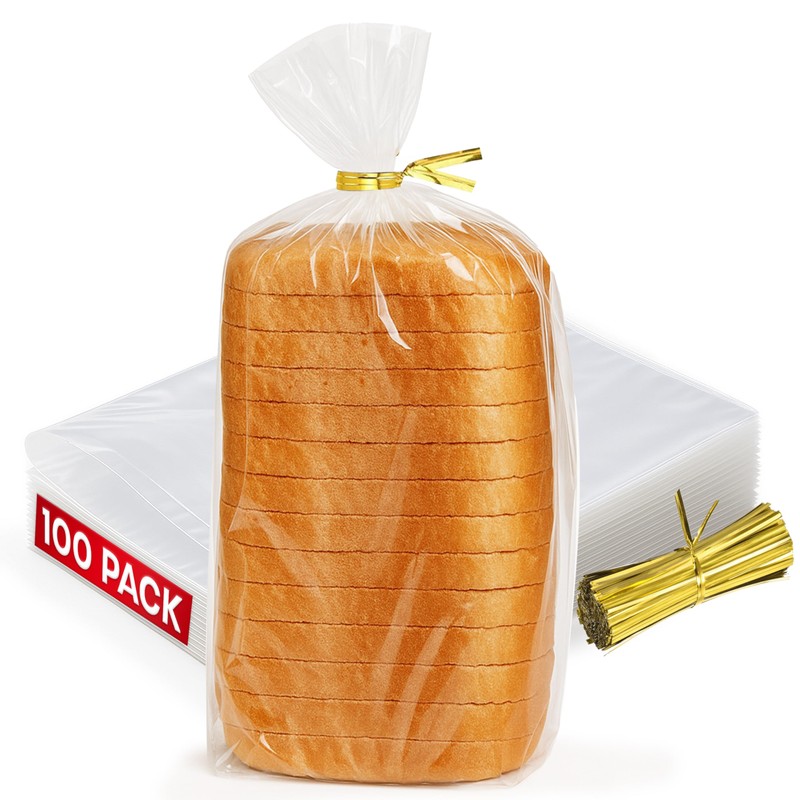 Reusable Plastic Bread Bags - 100 Pack Clear Loaf Bags