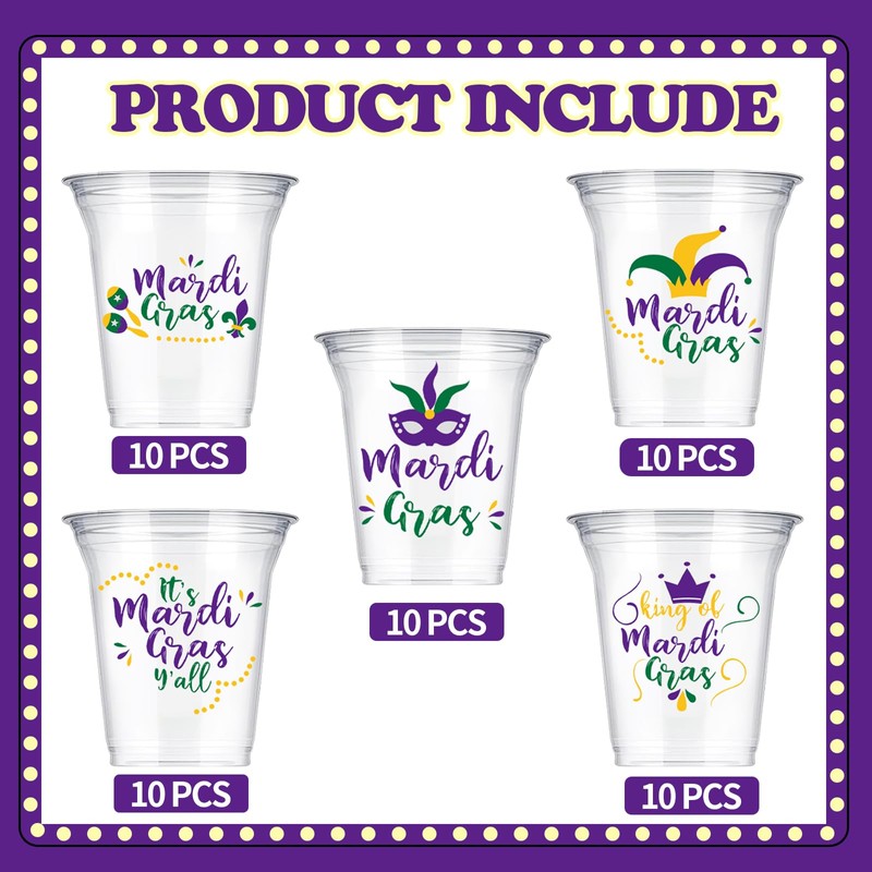 delaimastor 50 Pcs Mardi Gras Party Cups 12oz Mardis Gras