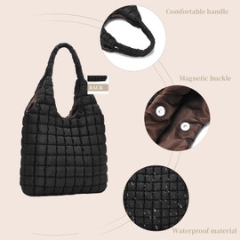 Nexum Quilted Puffer Hobo Bag for Women Large Soft Puffy Shoulder Bag Quilted Carryall Tote Bag Hobo Handbags for Travel Black
