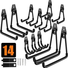14 Pack Garage Hooks Heavy Duty,Utility Steel Garage Storage Hooks,Wall Mount Garage Hanger&Organizer for Organizing Power Tools,Ladders,Bulk Items,Bikes,Ropes and More Equipment - Colour: Black