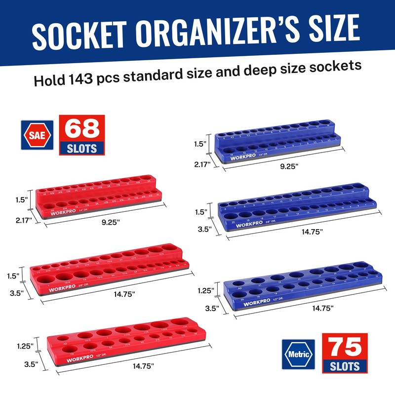 WORKPRO 8-Piece Magnetic Socket Organizer and Magnetic Wrench Organizer Set,