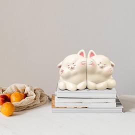 White Cat Decorative Bookends Cute Cat Hug Shape for Organising Books and Magazines Desk Or Study Table Office Desk Top Decoration 1 Pair