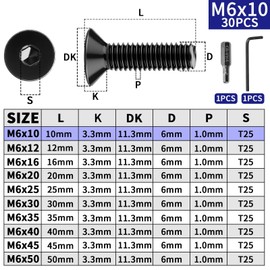 Pack of 30 Countersunk Screws M6 x 10 mm Stainless Steel A2 V2A Countersunk Head Hexagon Socket Screws DIN 7991/ISO 10642 Flat Head Screws Full Thread Countersunk Screws Black for Furniture Repair
