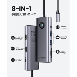 ORICO USB C HUB 8-in-1 2*USB3.0 Ports 4K@60Hz HDMI Port 100W PD Charging 1Gbps Ethernet TF/SD Card Reader Audio Port 5Gbps Data Transfer Type C Adapter for Laptop/Tablet/PC such as Windows, Mac, Linux
