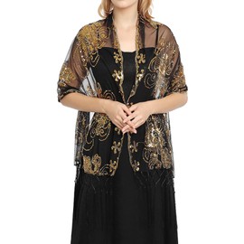 QIUTIMIY 1920s Shawls and Wraps for Evening Dresses Formal Cover Up Long Women Sequin Flapper Shawl for Cocktail Prom Wedding(Style2-Black Gold)