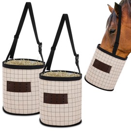 Cosblank 2 Pack Horse Feed Bags 13 Inch in Depth Vented Leather Canvas Horse Food Bucket with Adjustable Strap Waterproof Hay Feeding Supplies, Safety and No-Spill Flap Design