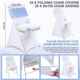 Lounsweer 50 Pcs Folding Chair Cover Set with 25 Stretch Spandex Slipcovers 25 Satin Chair Sashes Bows Ribbon Washable Banquet Protector for Wedding Event Party(White, Sky Blue)