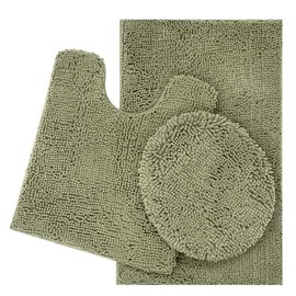 ITSOFT 3pc Non-Slip Shaggy Chenille Bathroom Mat Set, Includes 24 x 21 Inches U-Shaped Contour Toilet Rug, 34 x 21 Inches Bathmat and 1 Toilet Lid Cover, Sage Green