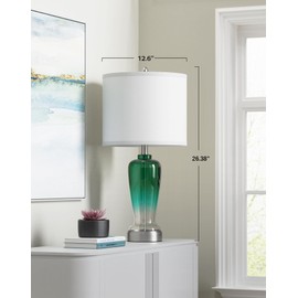 QiMH Glass Table Lamps for Living Room, Modern Bedside Lamp with Green Gradient Glass, Large Lamps Nightstand Lamps End Table Lamps for Bedroom Home Office Reading(Bulb & White Linen Shade Included)