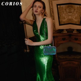 CORIOS 1920s Vintage Evening Clutch Bag Sparkly Sequin Handbag for Women Bridal Wedding Purse Elegant Shoulder Bag Glitter Crossbody Bag for Cocktail Banquet Prom Party Blue Green