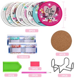 Pack of 8 Diamond Painting Coasters with Holder, Diamond Painting Adults, Reusable DIY Love Cup Coasters with Diamonds and Mounting Tools for Cups, Vases Decoration