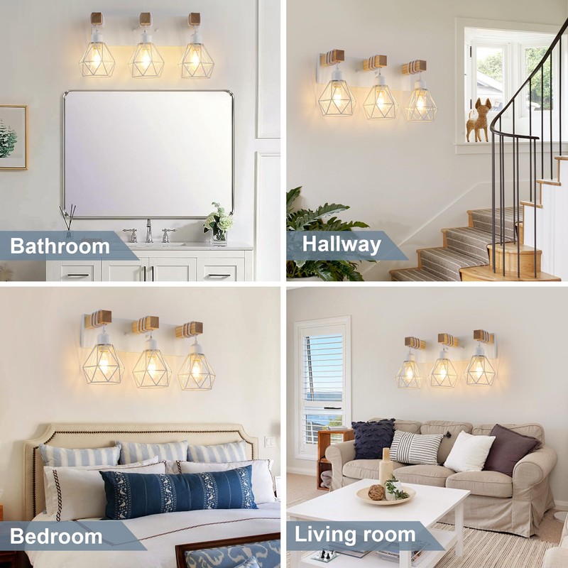 Farmhouse Vanity Light for Bathroom, 3-Light White Wood Bathroom Vanity