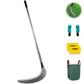 Sickle Garden Tool Set, Long Handle Weeding Sickle with Serrated Double-Edged Blade, Grass Sickle Stand Up Weeding Tool with 2 Pack Leaf Scoops, 16 Gallon Lawn Bag with Gardening Gloves for Yard