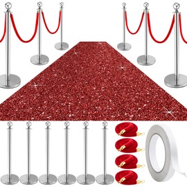 Pelopy Stanchion Posts Queue Crowd Control Stanchion Velvet Ropes Carpet Set, 38 in Post Sand Injection Hollow Base with Rope for Party Museum (26 ft Carpet,Silver,12 Pcs)