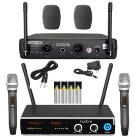 Boytone BT-102UM UHF Wireless Microphone System – Dual Fixed Frequency Channel, 2 Metal Handheld Dynamic Transmitter Mics, for Party, Church, Aluminum Carrying Cases, 110/220V