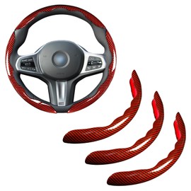 Car Steering Wheel Cover Set Bright Carbon Fiber Wrap Non-Slip 3pcs Steering Wheel Accessories 14.5-15 inch Universal (Red)
