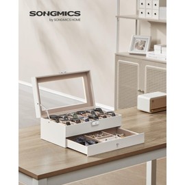 SONGMICS Watch Box, 12-Slot Watch Case Organizer with Large Glass Lid, 2 Layers, Removable Pillows, Metal Lock, Gift for Loved Ones, Cloud White Synthetic Leather, Cappuccino Beige Lining UJWB012W01