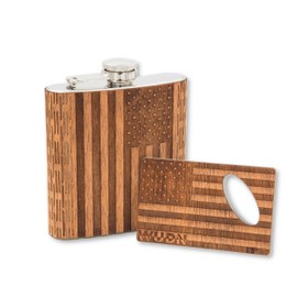 Real Wood 6 oz. Hip Flask AND Matching Credit Card Bottle Opener, American Flag