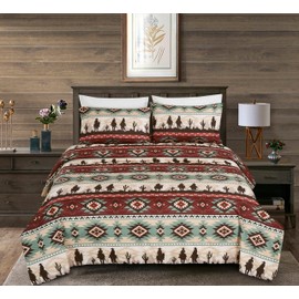 Chezmoi Collection 4-Piece Southwestern Cowboys Aztec Sheet Set King - Multicolor Teal Brown Beige Tan Red Printed Brushed Microfiber Lightweight Breathable Deep Pocket Bed Sheets