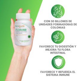 Nutrasien100. Flora100. PROBIÓTICOS 50 Billones y PREBIÓTICOS con fibra natural. Beneficia salud digestiva y salud inmune Suplemento alimenticio vegano. Ideal toda la familia. 60 Caps = 60 Días.
