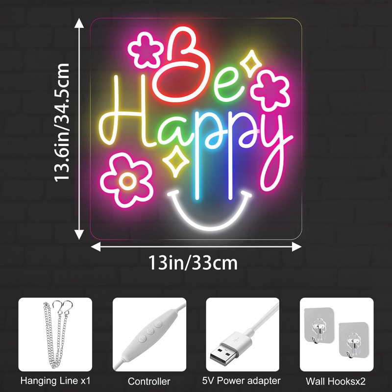 Be Happy Neon Sign, Positive Classroom Decor LED Light for