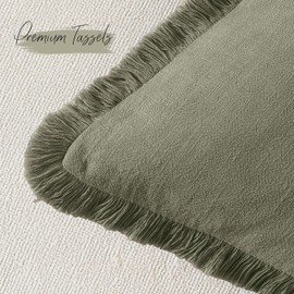 Woaboy Set of 2 Decorative Linen Fringe Throw Pillow Covers Boho Farmhouse Euro Cushion Covers Accent Pillowcases with Tassels for Living Room Couch Sofa Bed Chair,26x26 Inch,Olive Green