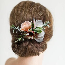 Fangsen Wedding Boho Orange Pink Daisy Rose Flowers Floral Comb With Hair Clip for Brides and Bridesmaids Silver