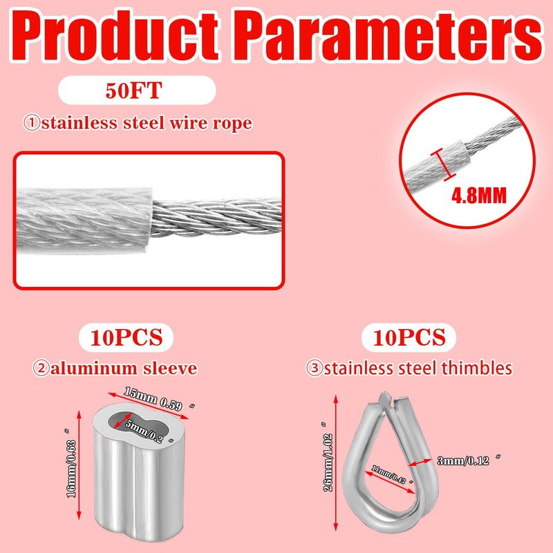 VIVBOO Stainless Steel Cable & Wire Rope 3/16" Vinyl Coated