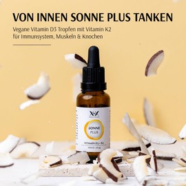 XbyX Sonne Plus | Vegane Vitamin D3 Tropfen mit Vitamin K2 für Immunsystem, Knochen & Muskeln | Ausgezeichnete Bioverfügbarkeit in MCT-Kokosöl gelöst | Hochdosiert & Geschmacksneutral | 950 Portionen