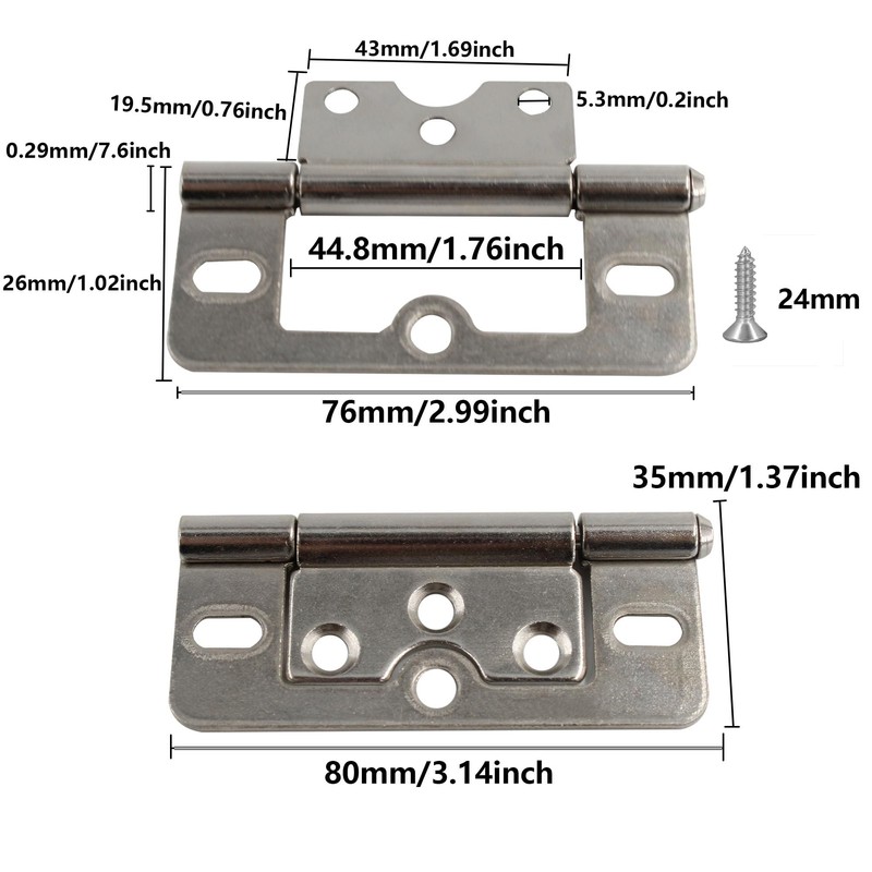 bociloy 6Pcs 3 Inch Non-Mortise Hinge, Silver Iron Cabinet Hinges,