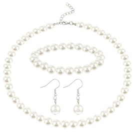 Pearl Necklace and Earring Set White Pearl Jewelry Set for Women Fashion Classic Faux Pearl Necklaces For Women Brides Wedding Pearl Necklace Kit (8mm Necklace+10mm Earring Bracelet)