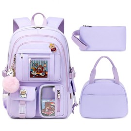 Laptop Backpacks 16 Inch School Bag College Backpack 3 PCS with Lunch Box Pencil Pouch Set Large Travel Daypack Kawaii Bookbags for Teens Girls Women Students (Purple)