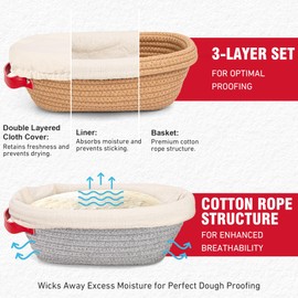 Banneton Proofing Basket Set - 2 x 10" Oval with Liners & Covers & Bread Lame | Cotton Rope Sourdough Bread Proofing Basket, Sourdough Tools Artisan Baking Supplies Gifts for Bakers, Women, Wife, Mom