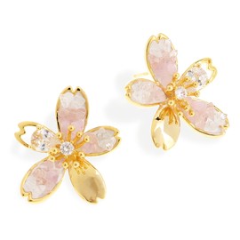 Jeanbeau Gold Sakura Flower Earrings for Women, Trendy Statement Pink Floral Rhinestone Hypoallergenic Earing Summer Prom Jewelry Gift