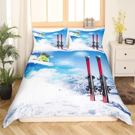 Teens’ Ski Bed Blanket, Skier, Skiing in High Mountains, Extreme Winter Sports, Hobby, Activity Duvet Cover, Decorative 2-Piece Bedding Set with 1 Pillowcase for Children, Boys, 135 x 200 cm, White/Blue
