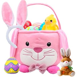 Cesta de conejo de Pascua de felpa, con orejas de conejo largas y llaveros de pato para niños, bolsas de caza de huevos, bolsas de Pascua personalizadas para decoraciones de Pascua, almacenamiento de regalos de dulces