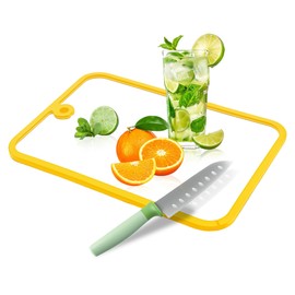 HOMNATURE Tempered Glass Cutting Board for Kitchen, 13 x 10 Inch Yellow Glass Cutting Board with Non-Slip Edges & Hanging Hole, Heat Resistant, Scratch-Proof Countertop Chopping Board