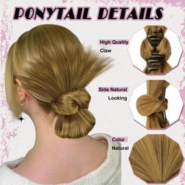 SUKRI Claw Clip Ponytail Extensions for Women,Honey Blonde Slick Back Bun,Natural Style Synthetic Clip-on Feather Bun for Daily Party(Honey Blonde Mixed Brown)