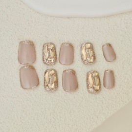 10pcs Handmade Rhinestones Press On Nails Square Nails Reusable Nails Summer Nails Korean Nails Acrylic Fake Nails Pink and Crystal Gold Glitter (Small Size)