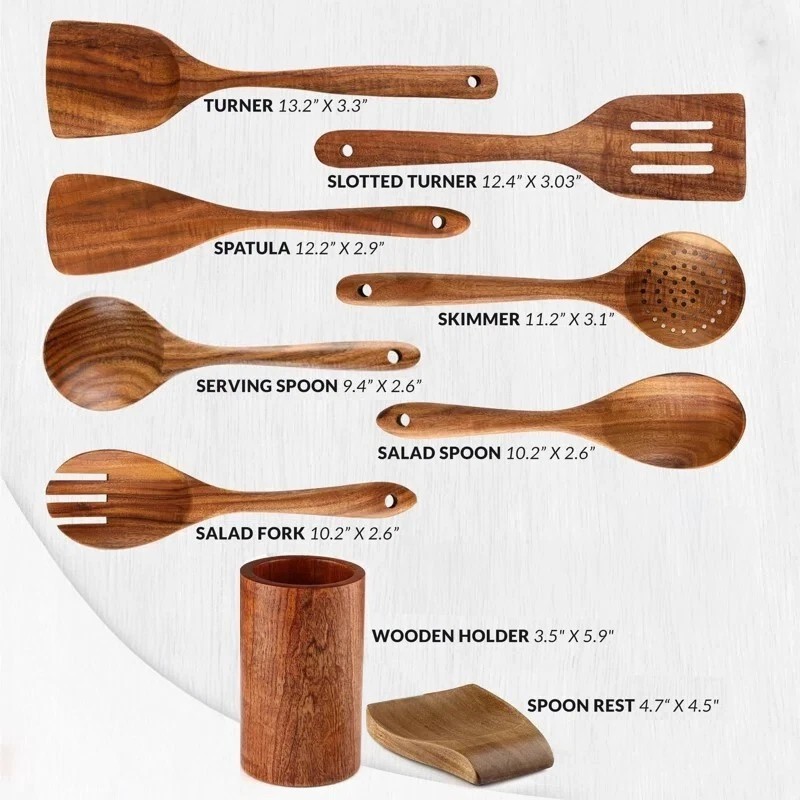 Kitchen 9 Piece Natural Teak Wooden Kitchen Utensil Set with