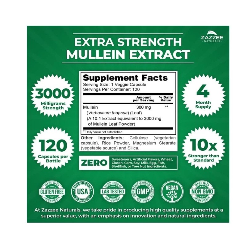 Zazzee Extra Strength Mullein 10:1 Extract, 120 vegan capsules, Respiratory
