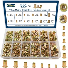 Vifmy Metric & SAE Rivet Nut Assortment Kit(920 Pcs), M3 M4 M5 M6 M8 M10#6-32#8-32#10-24 1/4"-20 5/16"-18 3/8"-16 UNC Flat Head Rivnut Set, Zinc Plated Finish Carbon Steel Nutsert